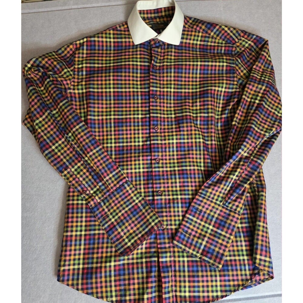 Steven Land Mens Dress Shirt 15.5 34/35 Multicolor Plaid White Collar